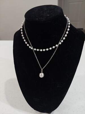 NEW K-Pop Korean Design Silver Toned Chain Pearl Beads Necklace Charm Import -image