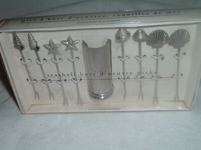 Pier 1 Imports  Seashell Cocktail Stainless Steel Picks Set of 8 & Holder NIB-image