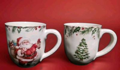 Pier 1 Winter Wonders Santa Lantern Christmas Tree Coffee Tea Mugs Cups 2pc Set-image