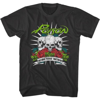 Poison Men's T-shirt Ride The Wind Skull Roses Black Graphic Tee Vintage-image