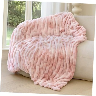 Luxury Faux Fur Blanket with Stretch Ruched Design, Cozy Faux Fur Throw 4-pink-image