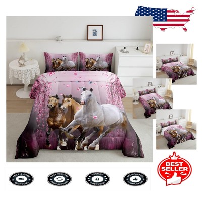 Full Size Kids Comforter Set with Galloping Horse - Cozy Floral Animal Print-image