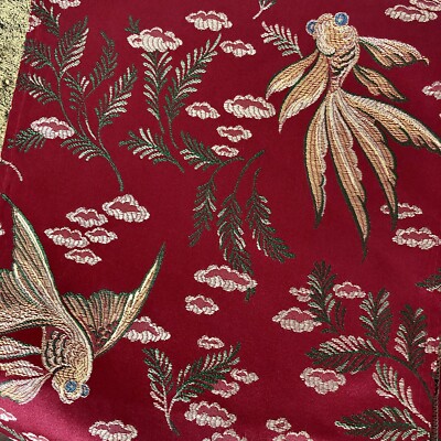 Vtg Pier 1 Table Runner Oriental Bloom Koi Fish Bullion Fringe Red Gold 70 x 12-image