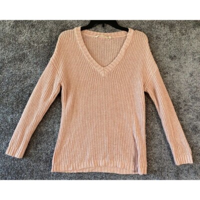 Soft Surroundings Cable Knit Sweater Medium Pink Pullover Chunky V-Neck Preppy-image
