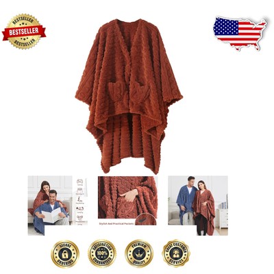 Cozy Rust Sherpa Fleece Shawl Blanket Poncho - 58