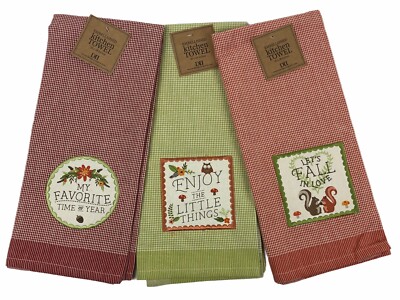 Design Imports Fall Autumn Leaves Gingham Dishtowel Set of 3 NWT Squirrel Owls-image