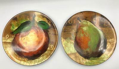 2  Pier 1 Imports “Fruit Crate” Salad Plates Pear & Peach Porcelain 8 1/8