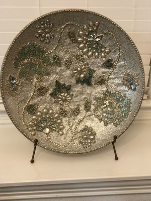 Beaded Jeweled Hand Made Floral Design Plate w Stand 21 in Round  Pier1 -image
