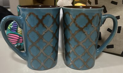 Pier 1 Set Of 2 Tall Mug Coffee Tea Light Blue Brown Gold Tone Design 16oz-image