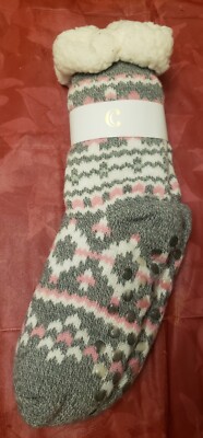Charming Charlie Slipper Socks Pink Lights Gray THICK Cozy Slipper Socks NWT-image