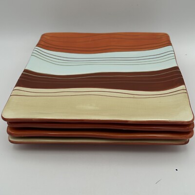 Set Of 4 PIER 1 Canyon Stripe Square Salad Plates  8.75” Diameter-image