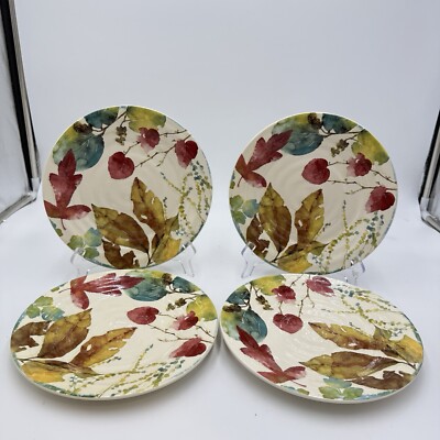Pier 1 Imports WILLOW Dinner Plates Set 4 11” Fall Leaves Ironstone Ceramic-image