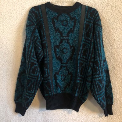 Chartwell Mens Genuine Leather Sweater M Green Black Patterned Long Sleeves-image