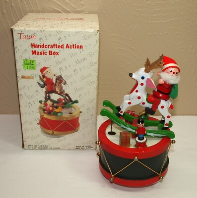 Vintage Christmas SANTA & REINDEER Rocking Action WIND UP MUSIC BOX Jingle Bells-image