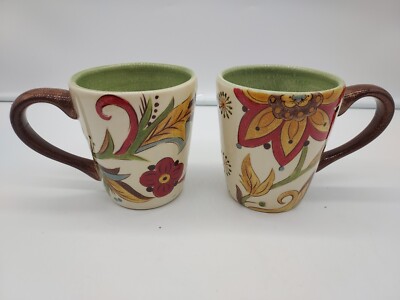 Pier 1 Imports Carynthum Earthenware Coffee Mugs Cups Floral Design Set Of Two -image