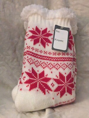 ❄️NWT Women's Fleece Lined Cozy Knit Slippers Socks Snowflakes Alpine Red&White-image