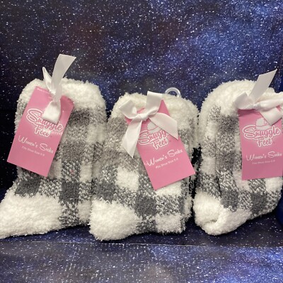 3 X Snuggle Feet Womens Gray, B&W - Soft Cozy & Warm Fuzzy Socks - Size 5/9-image