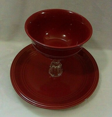 MAINSTAYS 2 TIER RED STONEWARE DIP and CHIP BOWL with Pretty Crystal Pedestal-image