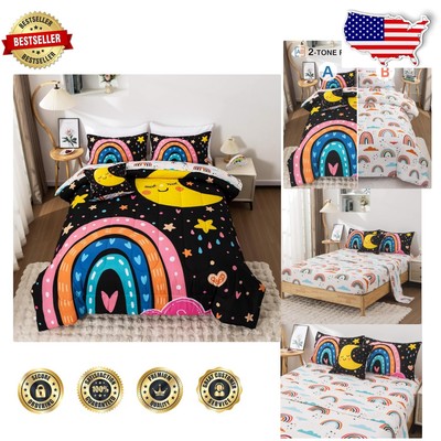 Cozy 5-Piece Rainbow Bedding Set for Kids - Black Comforter with Cartoon Design-image