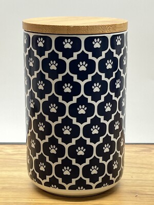 Pet Treat Canister Design Imports Navy Blue lattice Print Ceramic Cat Dog Animal-image