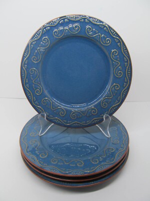 Pier 1 Imports Tunisia Set Of 4 Tan Scrolls On Blue 8 3/8