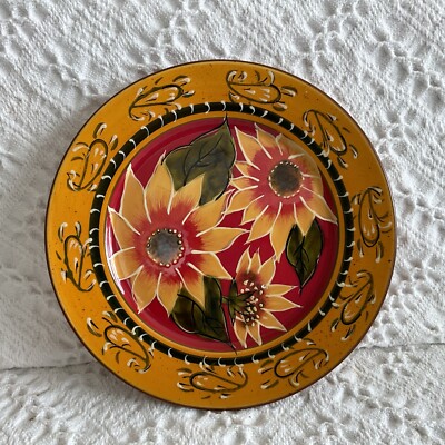 1- Pier 1 Imports Sunflower Hand Painted Terracotta Salad Dessert Plate 8.25”-image