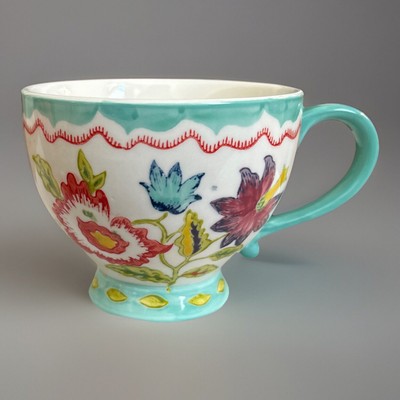 Floral Dutch Wax Mug Coastline Imports Handpainted Ceramic Teal Footed-image