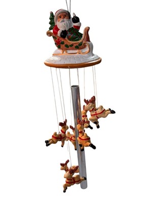 Vintage Christmas Holiday Santa Sleigh Wind Chime 7 Reindeer Ceramic Adorable-image