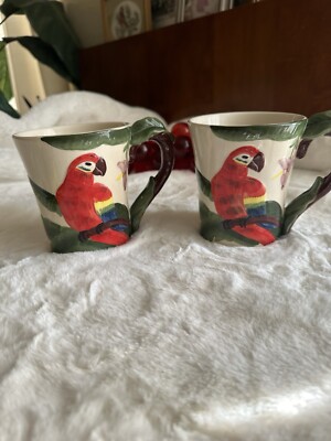 Pier 1 Imports Tall Stoneware Parrot Embossed Coffee Mug Cup Hand Painted 18 oz-image