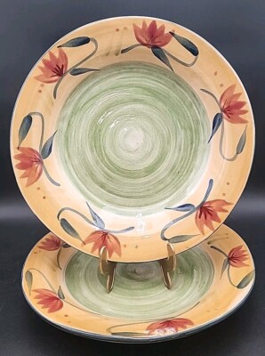 Pier 1 Elizabeth Handpainted Stoneware LG Pasta Bowls 11 1/2” Set of 2 Ceramic-image