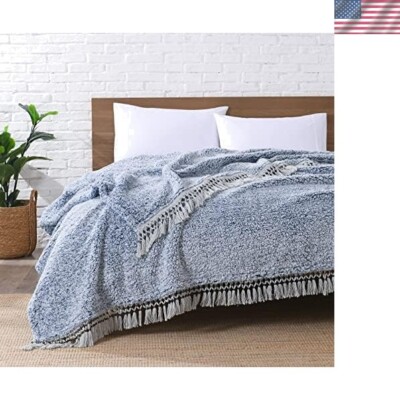 Lightweight Cozy Sherpa Blanket Queen - Bohemian Style with Ombre Blue Design-image