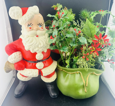 Vintage 70s Ceramic Musical Santa & Sack Atlantic Mold Company Big Rare Figurine-image