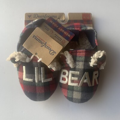 Dearfoams Cozy Comfort Blue White Plaid Lil Bear Slippers Kids Size 9/10 NEW-image