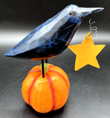 Edgar Allen Crow Holding Star Standing on Pumpkin Figurine Halloween Autumn Fall-image