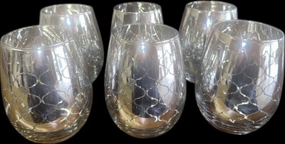 Set 6 Pier 1 Imports Silver Electroplated Stemless Wine Glasses Geometric Design-image