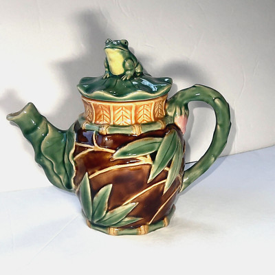 Vtg Henriksen Imports Majolica Teapot Frog on Lily Pad Lid Bamboo Design 5 cup-image