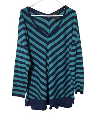 Lane Bryant Striped V-Neck Tunic Sweater Women's 22/24 Green Black Cozy Comfort-image