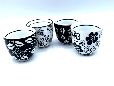 PIER 1 Imports Akin Sake Tea Cups 4 oz  Black White Floral Set of 4-image