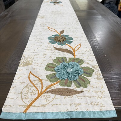 Pier 1 Imports Embroidered Azure Verde Table Runner Linen Blend Boho Home Decor-image