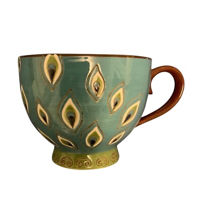 Pier 1 Imports Dolomite Peacock Hand Painted Footed Coffee Mug Tea Cup 3.5” Tall-image
