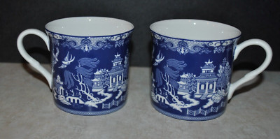 STECHCOL Coastline Imports S/2 Mug Dark Blue Willow Asian Design  Gracie Bone Ch-image