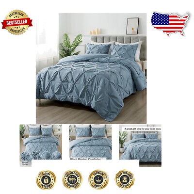 Luxury Pinch Pleat Queen Comforter Set in Grayish Blue – Stylish and Lightweight-image