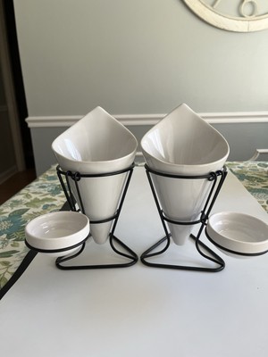 Pair of Pier 1 Imports White Ceramic Appetizer Server Set (Fries) w Sauce Bowls-image