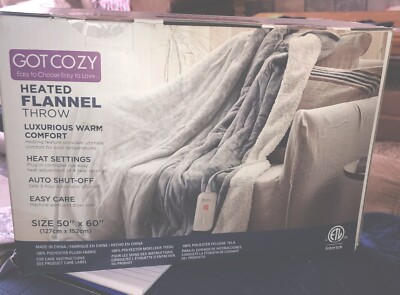 Heated Throw  GET COZY NIB Flannel 50 X 60 Grey Auto Shut Off Warm Comfort-image