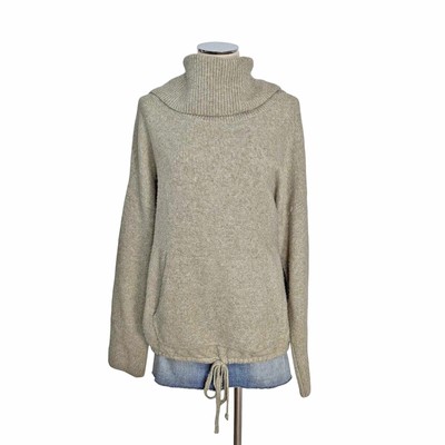 EXPRESS Tan Cowl Neck Front Kangaroo Pocket Knit Sweater Soft Cozy L-image