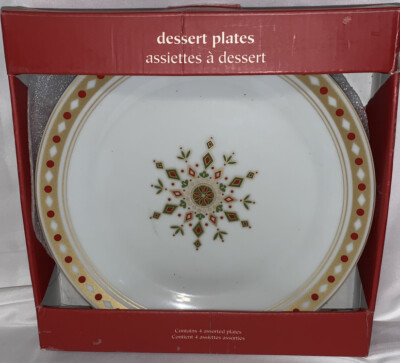 (4) Pier One Holiday Dessert Plates 7.5” Festive Snowflakes Designs NIB-image