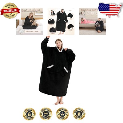 Cozy Sherpa Fleece Oversized Hoodie Blanket for Stylish Comfort - Unisex Black-image