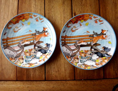 2~Pier1 Imports Park Bench Dogs Running in Autumn Leaves Salad/Dessert Plates-image