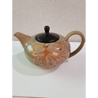 Pier 1 Imports Hand Painted Stoneware Kioko Teapot Tan Black Lid Gold Design-image