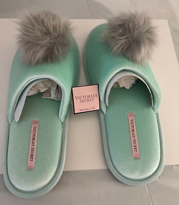 Victoria’s Secret Green  Pom Pom Slipper size M Medium 7/8 New-image